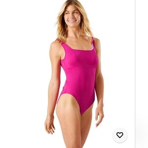 New Tommy Bahama Pink Palm Modern Square Neck One-Piece Swimsuit Size 16